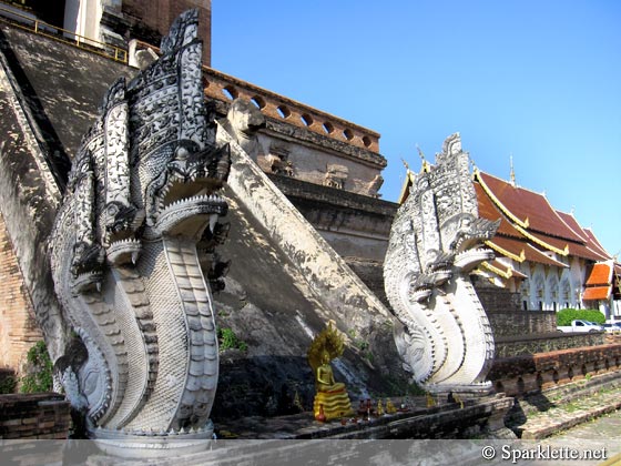 Naga (mythical serpent) sculptures at Wat Chedi Luang temple, Chiang Mai, Thailand